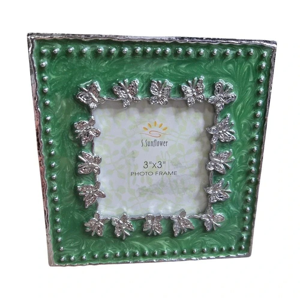 S Sunflower Green Enamel Butterfly Metal Small Square Picture Frame 3x3